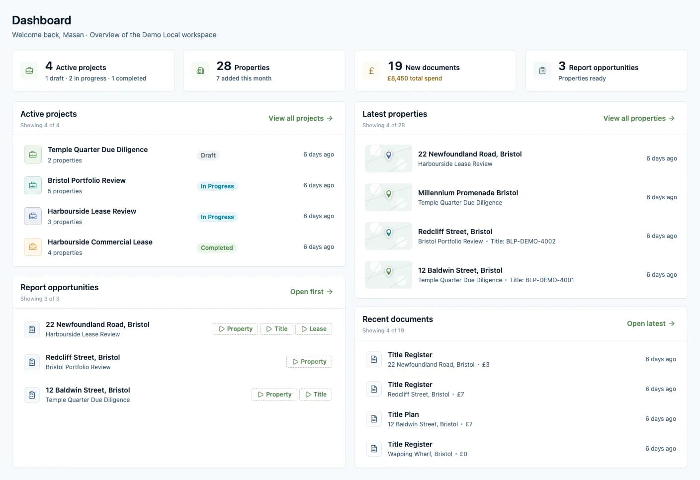 LandPrism account dashboard showing active projects, latest properties, recent documents and report opportunities.