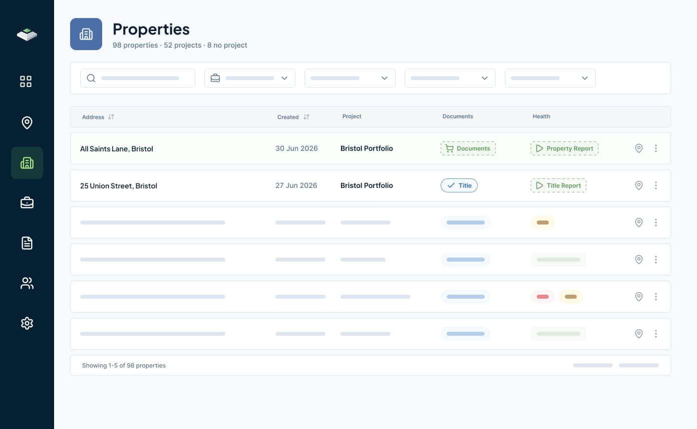 LandPrism properties list showing review state across properties.