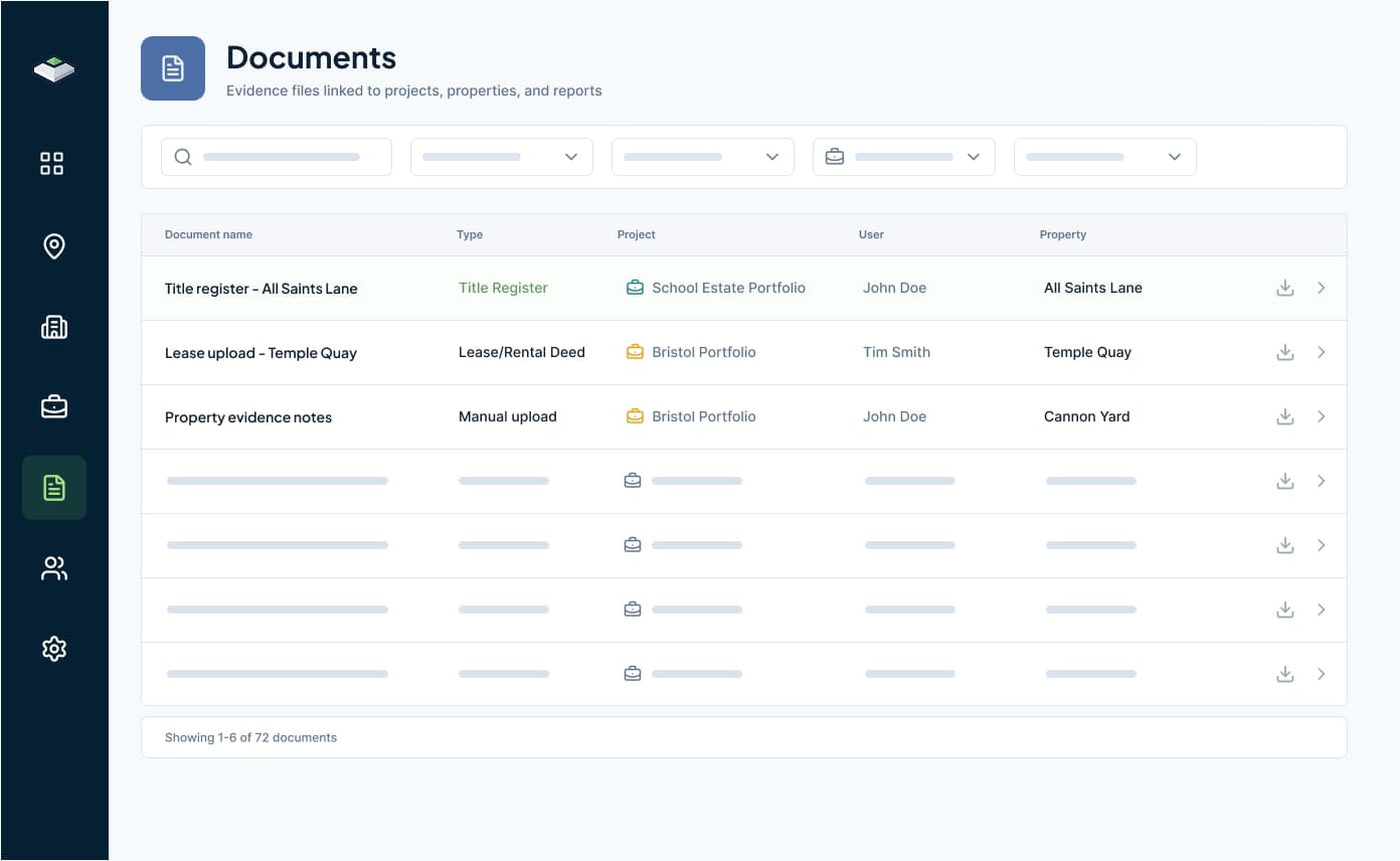 LandPrism documents table showing title registers, lease evidence, uploads and notes.