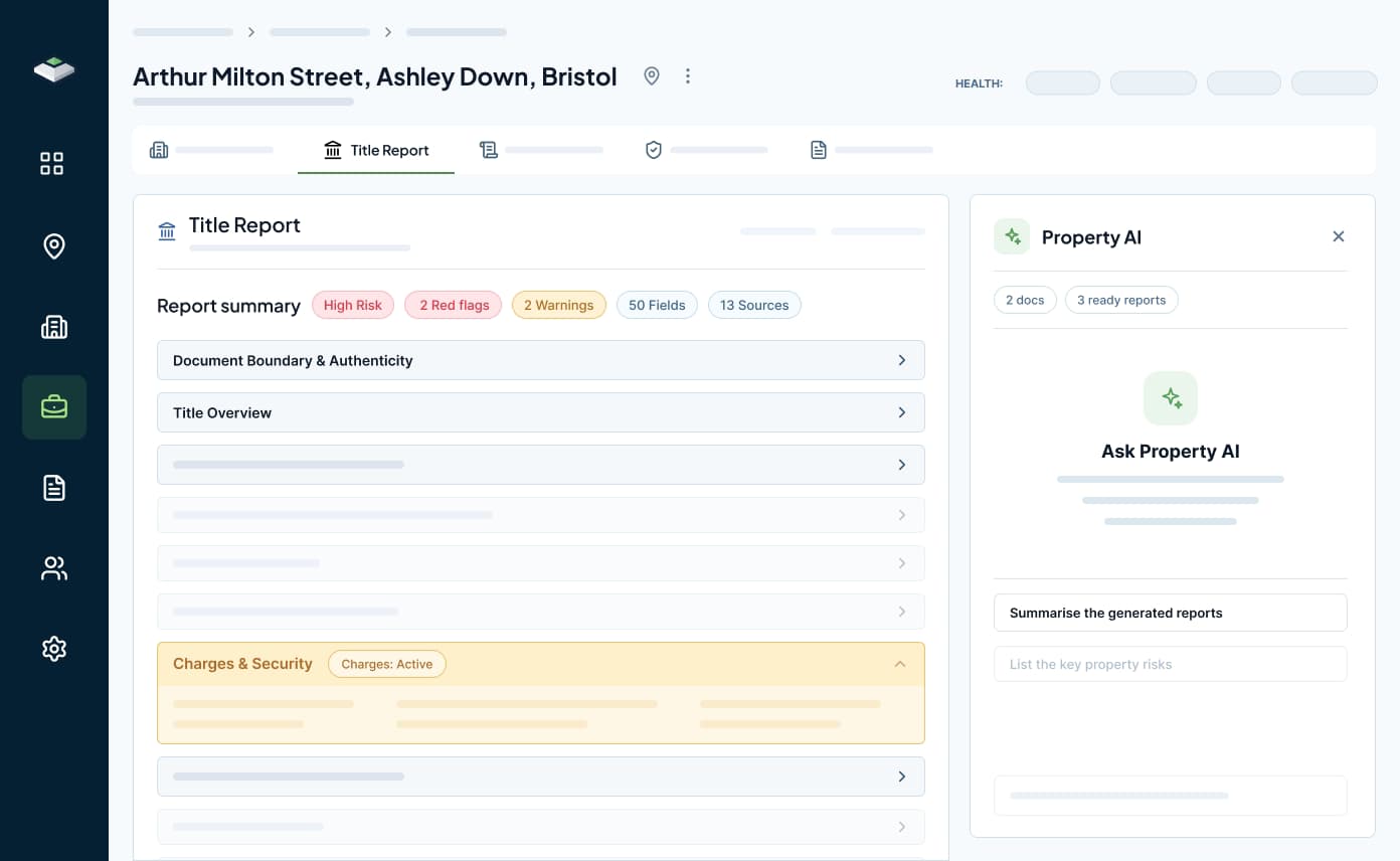 LandPrism title report screen showing report summary, risk signals and Property AI context.